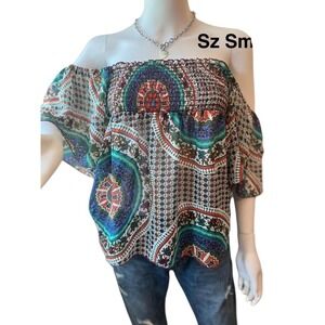 XXI Forever 21 Boho Smocked Crop Top Women's‎ S  Peasant Blouse Multicolor
